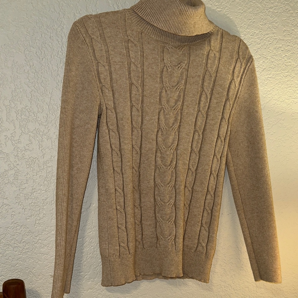Cable Knit Turtleneck Sweater - Tan